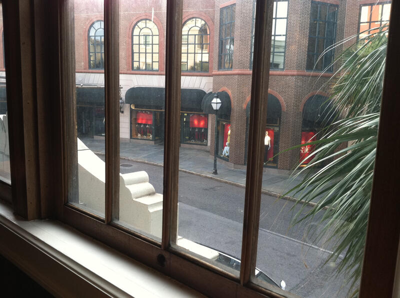 Looking out the window at the King Street Starbucks.